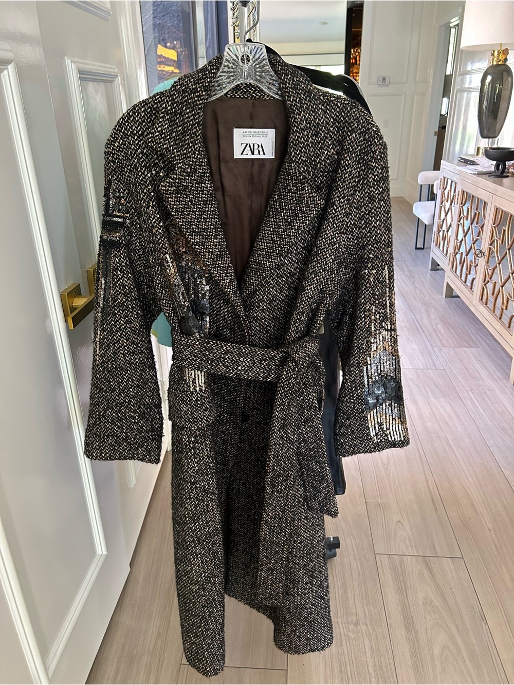 Zara Collection Black & Brown Tweed Belted Trench Coat